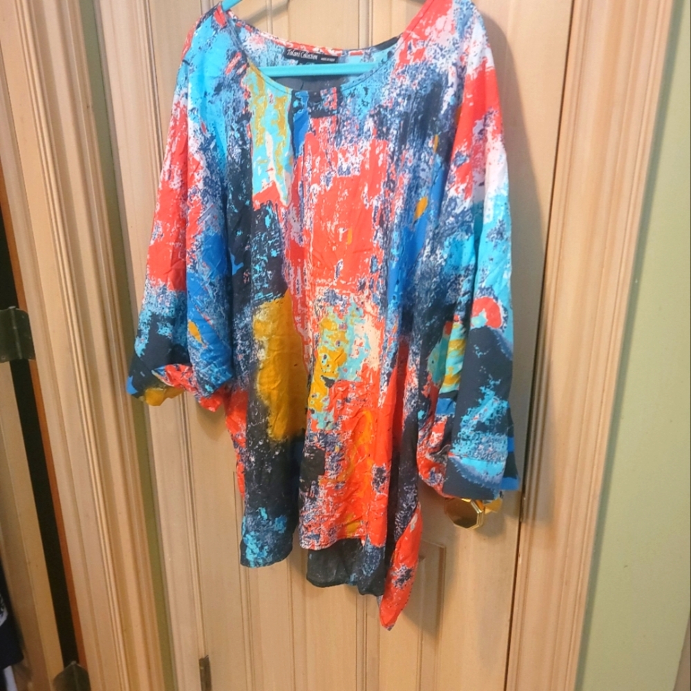 Womens Plus Sz 2X Tolani Collection Multi Colored Batwing Shirt Patchwork Artsy